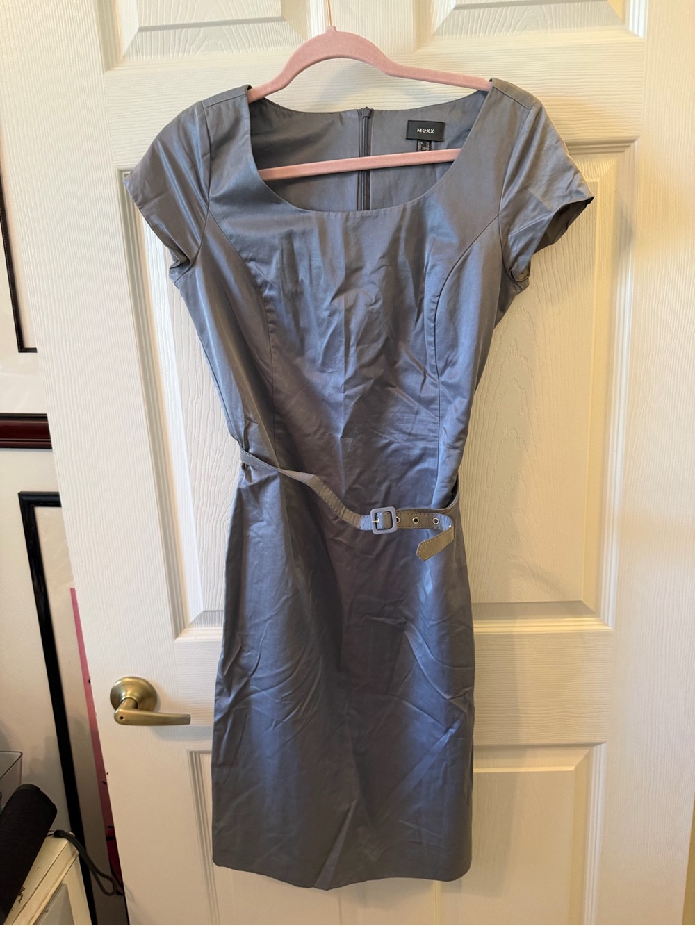 Mexx Short Sleeve Satin Sheath Dress in Slate Gray with Belt